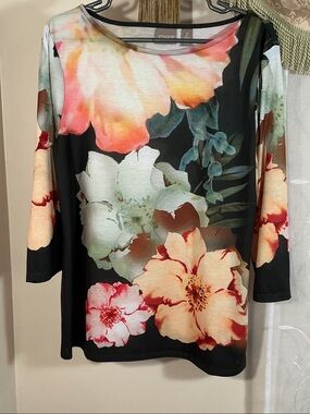 Chico's Black Floral Scoop Neck 3/4 Sleeve Top - Peach, Pink & Cream Blooms Sz 2